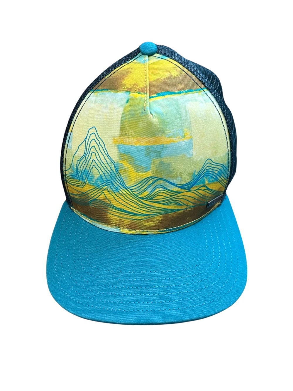 prAna Outsiders Ball Trucker Hat Blue Yellow Mountain Graphic Snapback